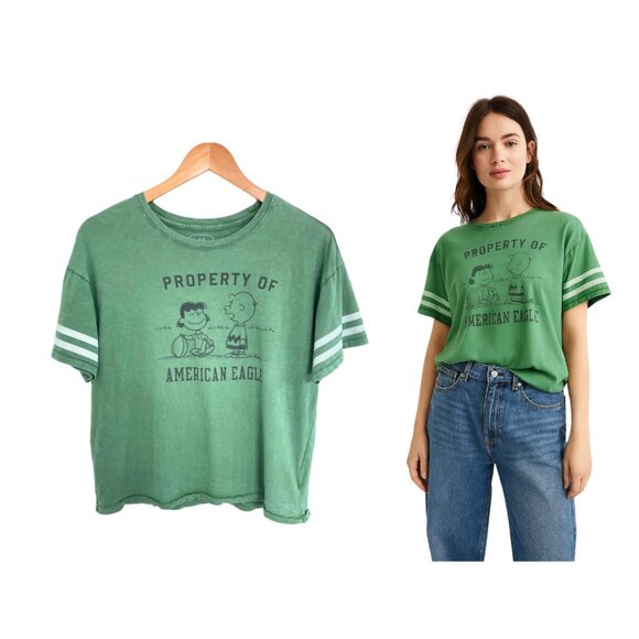 American Eagle Peanuts T-Shirt Women Small Green Charlie Brown Lucy Graphic Tee - Picture 1 of 13